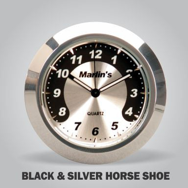 Marlin's Chrome Motorcycle Clock Talon Motorcycle Handlebar Mount with Black and Silver Horseshoe Face