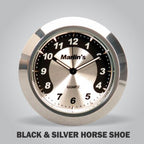Marlin's Chrome Motorcycle Clock for Harley Davidson Road King Swivel Fork Lock Key Cover with Black and Silver Horseshoe Face