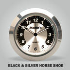 Marlin's Gloss Black Motorcycle Clock for Harley Davidson Road King Swivel Lock Key Cover with Black and Silver Horseshoe Face