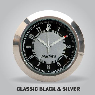 Marlin's Motorcycle Clock FLH Glide Bike Fairing Insert with CLASSIC Black and Silver Clock