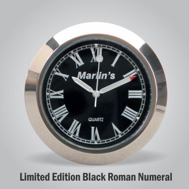 Marlin's Chrome Motorcycle Clock for Harley Davidson Road King Swivel Fork Lock Key Cover with Limited Edition Black Roman Numeral Face