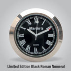 Marlin's Black Motorcycle Clock TOCS Multi-Purpose Tape / Screw On with Limited Edition Black Roman Numeral Clock Face - Fits Road King Tank and Flat Panel & More