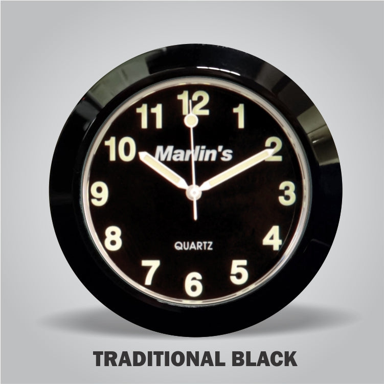 Marlin's Gloss Black Motorcycle Clock for Harley Davidson Road King Flip Fork Lock Key Cover with Traditional Black Face and Bezel