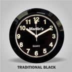 Marlin's Gloss Black Motorcycle Clock for Harley Davidson Road King Flip Fork Lock Key Cover with Traditional Black Face and Bezel