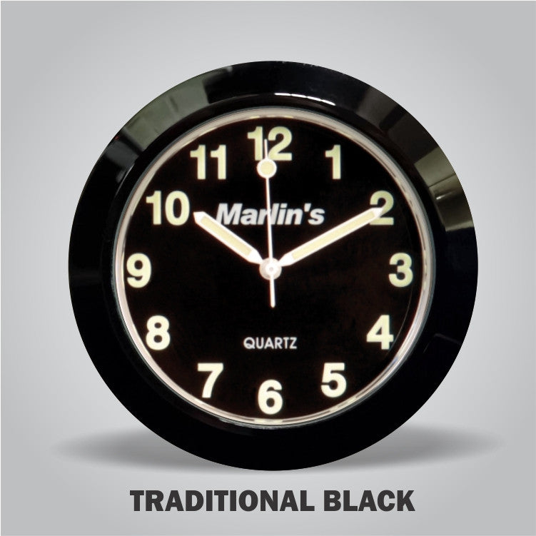 Marlin's Black Motorcycle Clock Talon Motorcycle Handlebar Mount with Black Bezel and Traditional Black Face