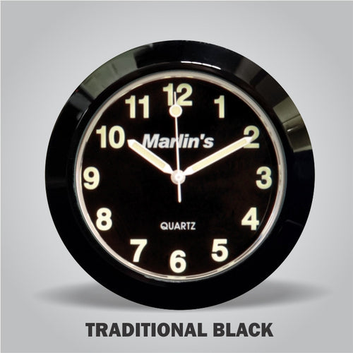 Marlin's Black Motorcycle Clock Talon Motorcycle Handlebar Mount with Black Bezel and Traditional Black Face