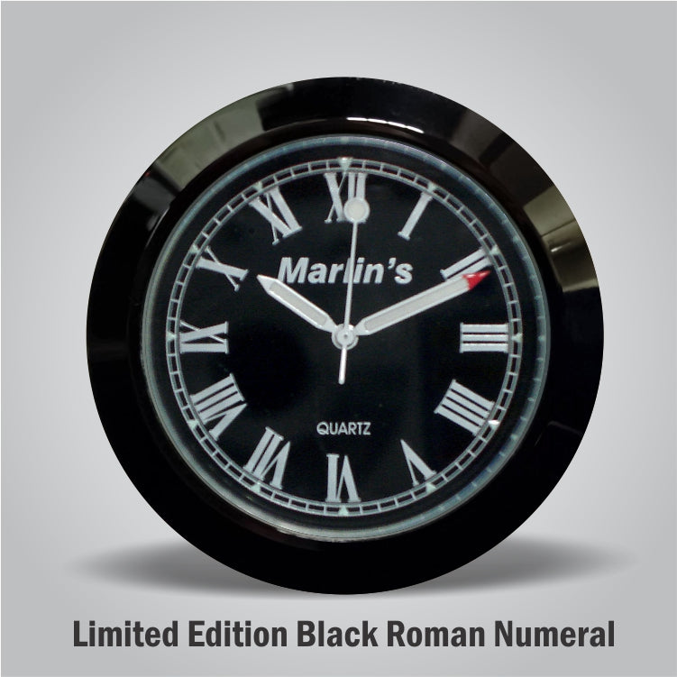 Marlin's Limited Edition Gloss Black Motorcycle Clock for Harley Davidson Road King Flip Fork Lock Key Cover with Black Roman Numeral Face and Bezel - Road King Special