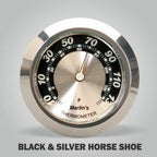 Marlin's Gloss Black Motorcycle Thermometer for Harley Davidson Road King Swivel Fork Lock Key Cover with Black and Silver Horseshoe (Fahrenheit Scale) Face
