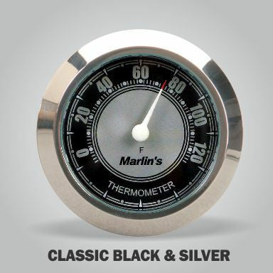 Marlin's Gloss Black Motorcycle Thermometer for Harley Davidson Road King Swivel Fork Lock Key Cover with CLASSIC Black and Silver (Fahrenheit Scale) Face
