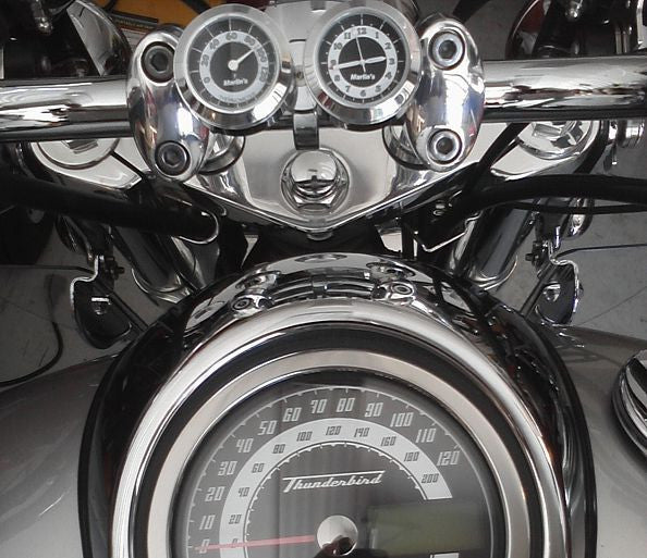 Marlin's Chrome Motorcycle Clock and Thermometer Classic Adjustable Ring Style Handlebar Dual Mount with Radiant White Faces