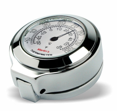 Marlin's Chrome Motorcycle Thermometer for Harley Davidson Road King Flip Fork Lock Key Cover with Radiant White (Fahrenheit /Small Celsius Scale) Face