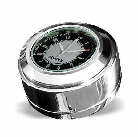 Marlin's Chrome Motorcycle Clock for Harley Davidson Road King Swivel Fork Lock Key Cover with CLASSIC Black and Silver Face