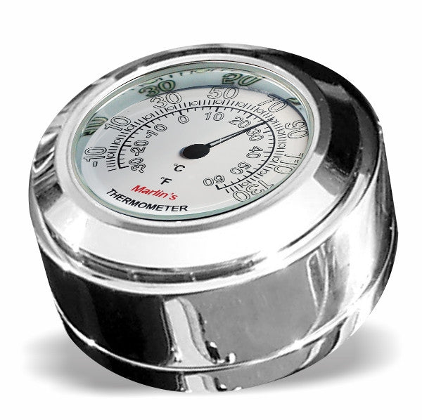 Marlin's Chrome Motorcycle Thermometer for Harley Davidson Road King Swivel Fork Lock Key Cover with Radiant White (Fahrenheit /Small Celsius Scale) Face