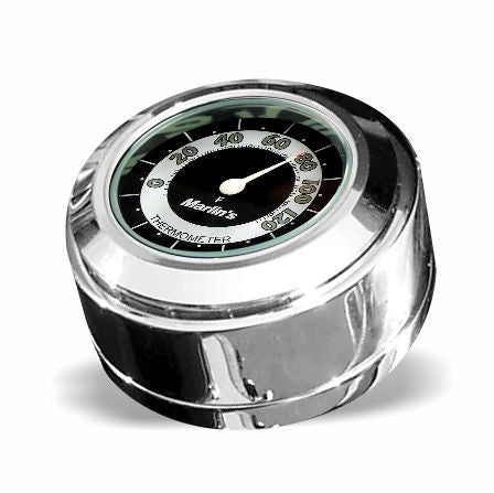 Marlin's Chrome Motorcycle Thermometer for Harley Davidson Road King Swivel Fork Lock Key Cover with RETRO Black and White  (Fahrenheit Scale) Face