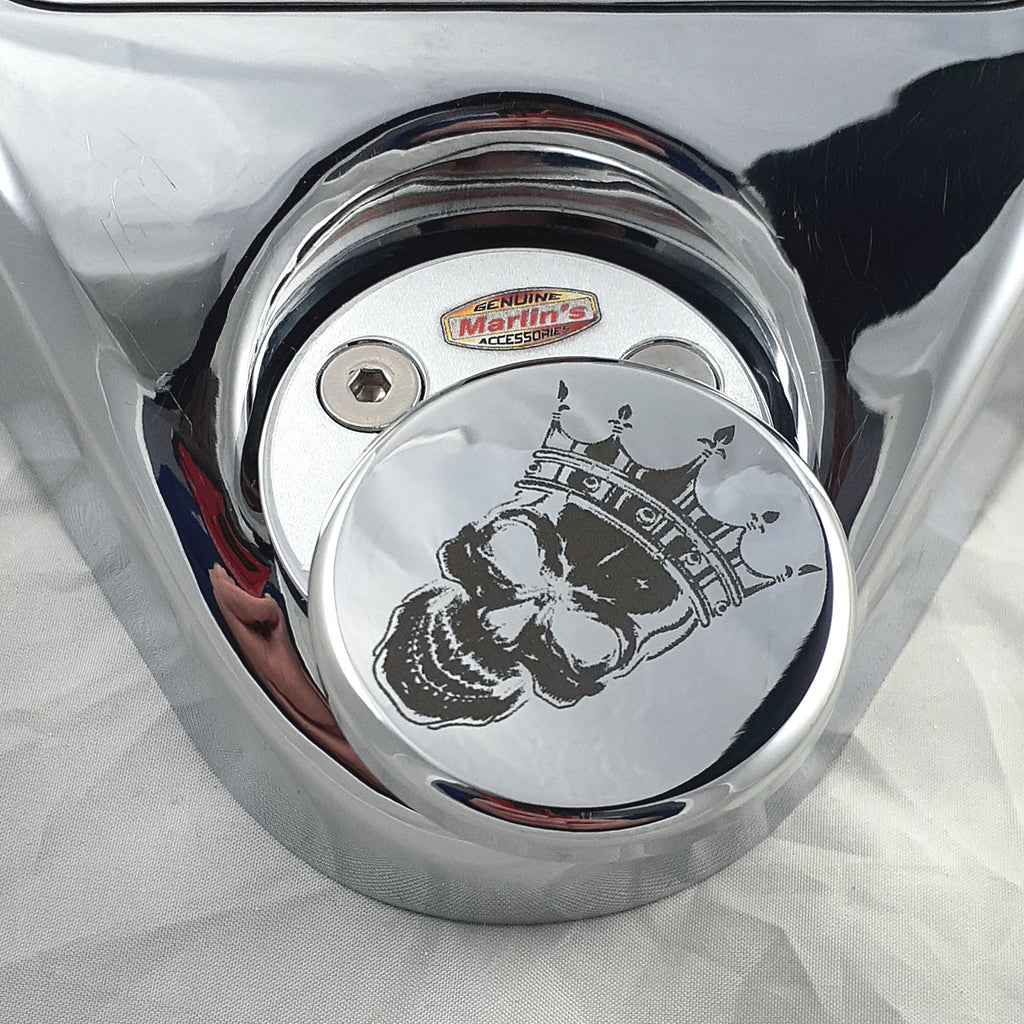 Marlin's Swivel Fork Lock Key Cover with Laser Engraved Crowned Skull for Harley Davidson Road King FLHR Motorcycle