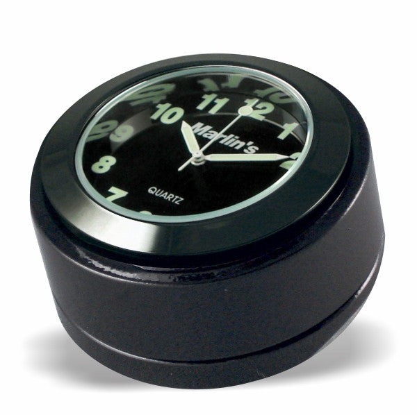 Marlin's Gloss Black Motorcycle Clock for Harley Davidson Road King Swivel Fork Lock Key Cover with Traditional Black Face and Bezel