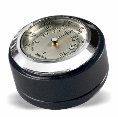 Marlin's Gloss Black Motorcycle Thermometer for Harley Davidson Road King Swivel Fork Lock Key Cover with Brushed Aluminum (Fahrenheit Scale) Face