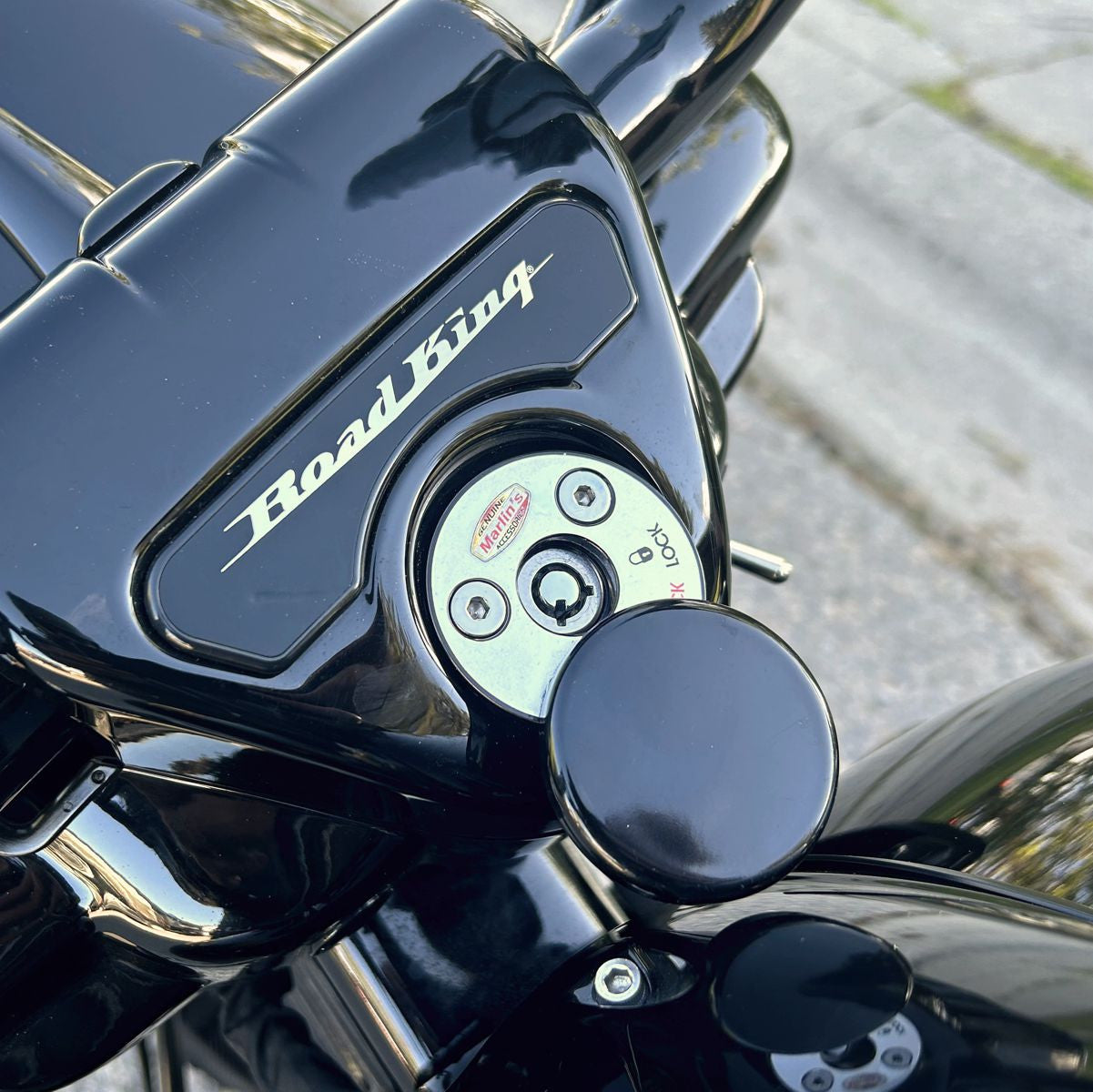 Marlin's Chrome or Black Swivel Fork Lock Key Cover for Harley Davidson Road King FLHR Motorcycle