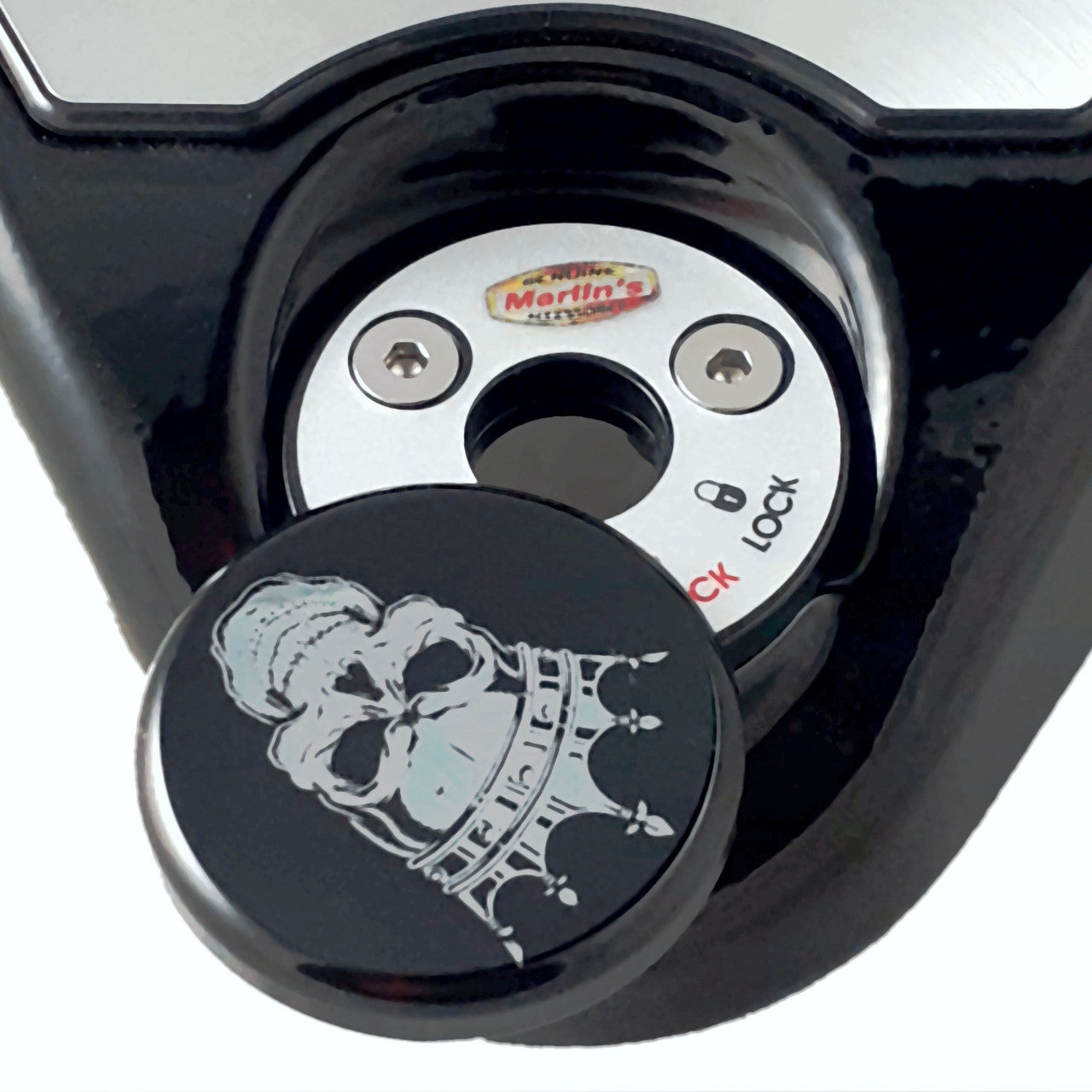 Marlin's Swivel Fork Lock Key Cover with Laser Engraved Crowned Skull for Harley Davidson Road King FLHR Motorcycle