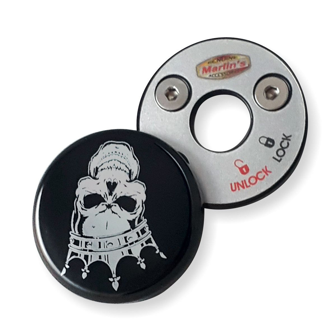 Marlin's Swivel Fork Lock Key Cover with Laser Engraved Crowned Skull for Harley Davidson Road King FLHR Motorcycle