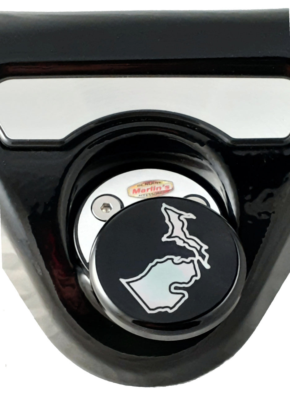 Marlin's Gloss Black Swivel Fork Lock Key Cover with Laser Engraved U.S. State Outline for Harley Davidson Road King FLHR Motorcycle