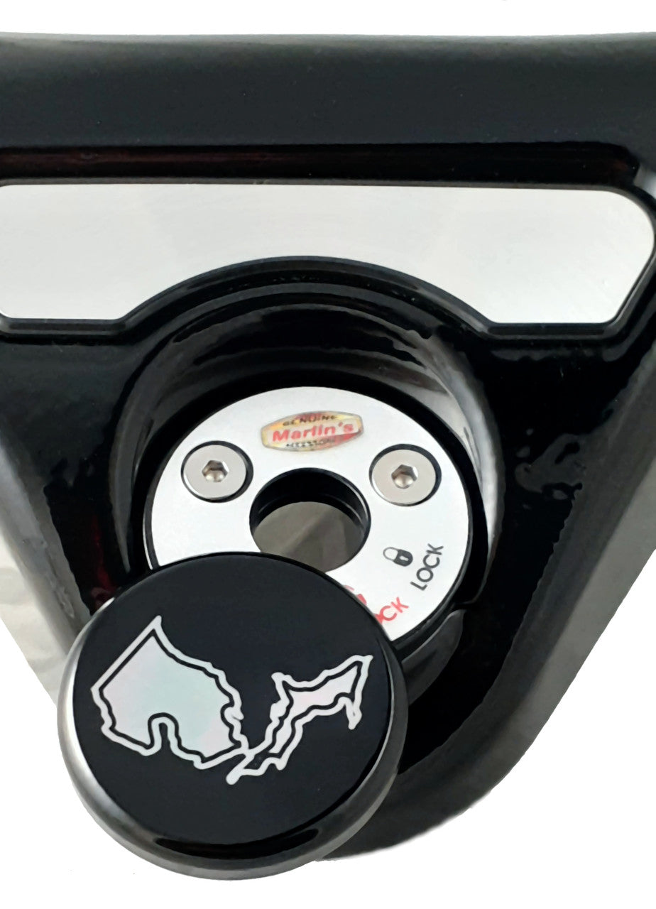 Marlin's Gloss Black Swivel Fork Lock Key Cover with Laser Engraved U.S. State Outline for Harley Davidson Road King FLHR Motorcycle