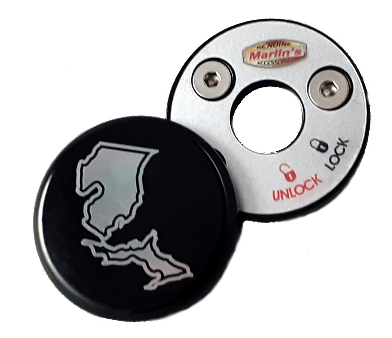 Marlin's Gloss Black Swivel Fork Lock Key Cover with Laser Engraved U.S. State Outline for Harley Davidson Road King FLHR Motorcycle