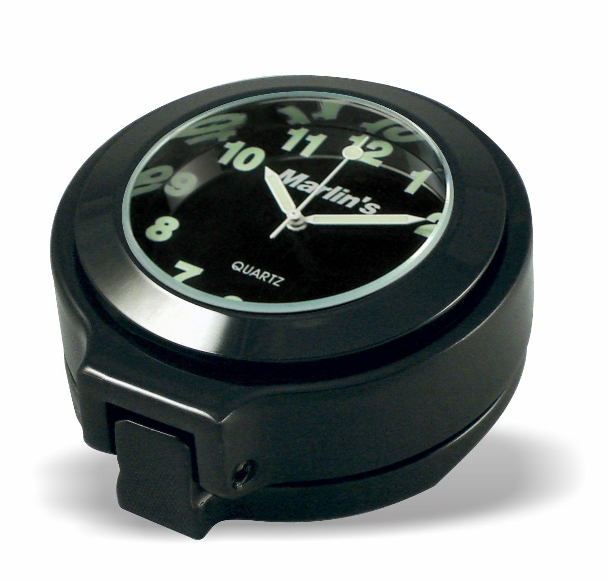 Marlin's Gloss Black Motorcycle Clock for Harley Davidson Road King Flip Fork Lock Key Cover with Traditional Black Face and Bezel