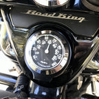 Marlin's Gloss Black Motorcycle Clock for Harley Davidson Road King Flip Fork Lock Key Cover with Brushed Aluminum Face