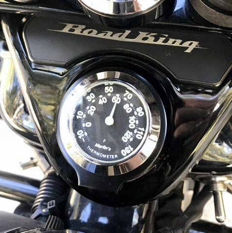 Marlin's Gloss Black Motorcycle Thermometer for Harley Davidson Road King Flip Fork Lock Key Cover with Black and Silver Horseshoe (Fahrenheit Scale) Face