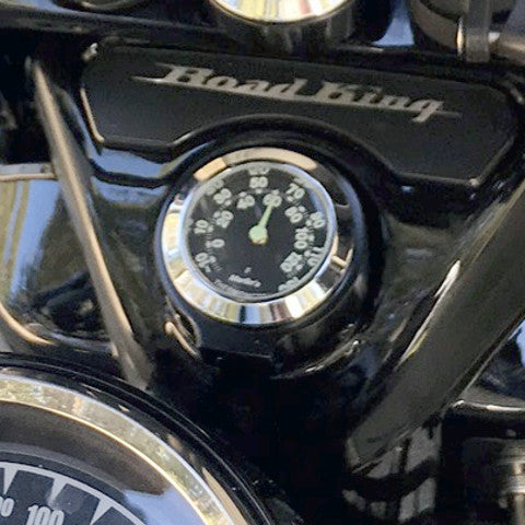 Marlin's Gloss Black Motorcycle Clock for Harley Davidson Road King Flip Fork Lock Key Cover with CLASSIC Black and Silver Face