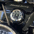 Marlin's Gloss Black Motorcycle Thermometer for Harley Davidson Road King Flip Fork Lock Key Cover with Black and Silver Horseshoe (Fahrenheit Scale) Face