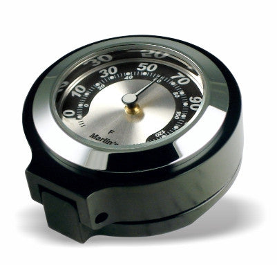 Marlin's Gloss Black Motorcycle Thermometer for Harley Davidson Road King Flip Fork Lock Key Cover with Black and Silver Horseshoe (Fahrenheit Scale) Face