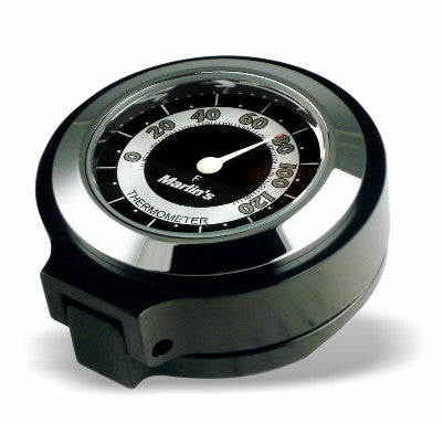 Marlin's Gloss Black Motorcycle Thermometer for Harley Davidson Road King Flip Fork Lock Key Cover with RETRO Black and White  (Fahrenheit Scale) Face