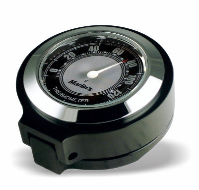 Marlin's Gloss Black Motorcycle Thermometer for Harley Davidson Road King Flip Fork Lock Key Cover with CLASSIC Black and Silver (Fahrenheit Scale) Face