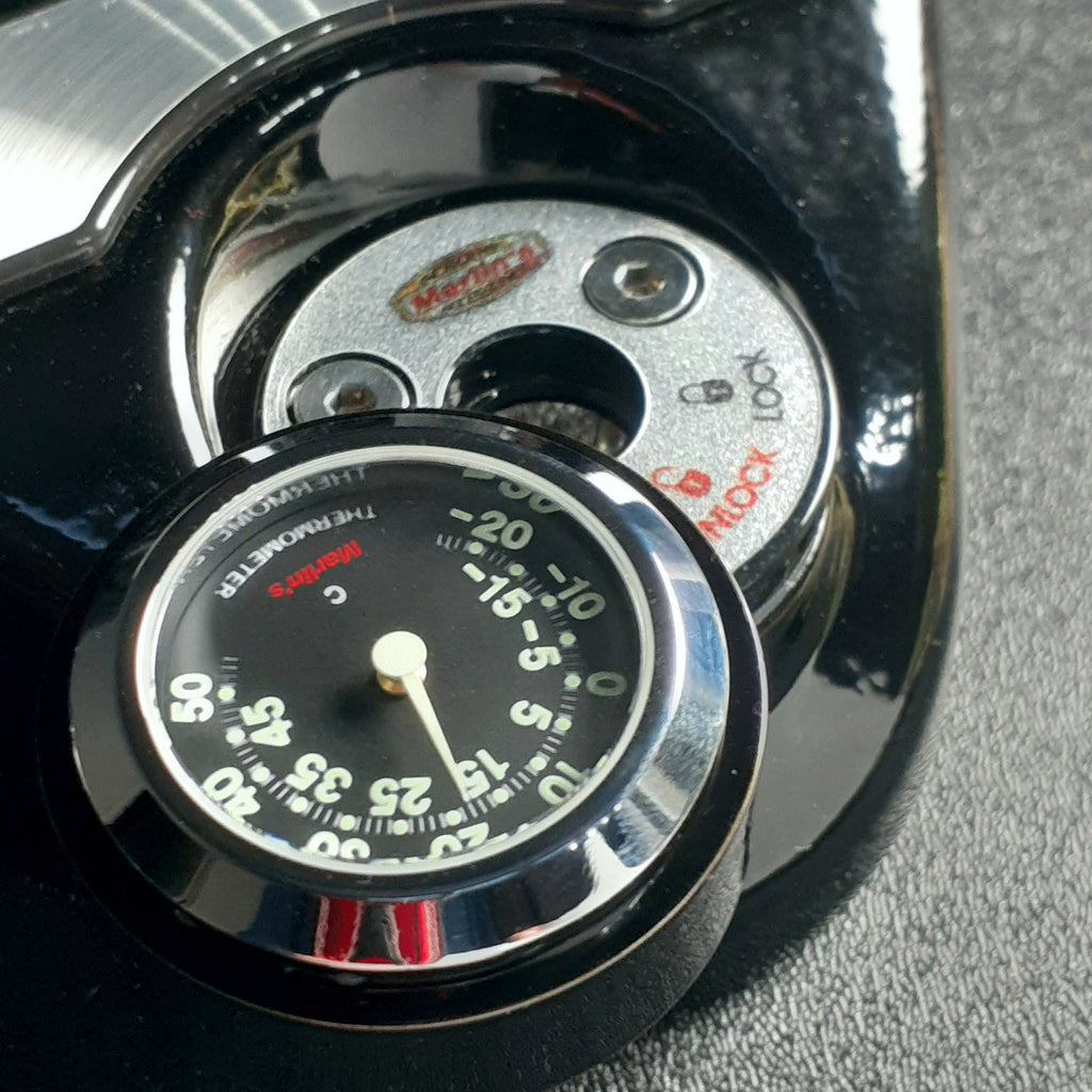 Marlin's Chrome or Black Swivel Fork Lock Key Cover for Harley Davidson Road King FLHR Motorcycle with Clock or Thermometer