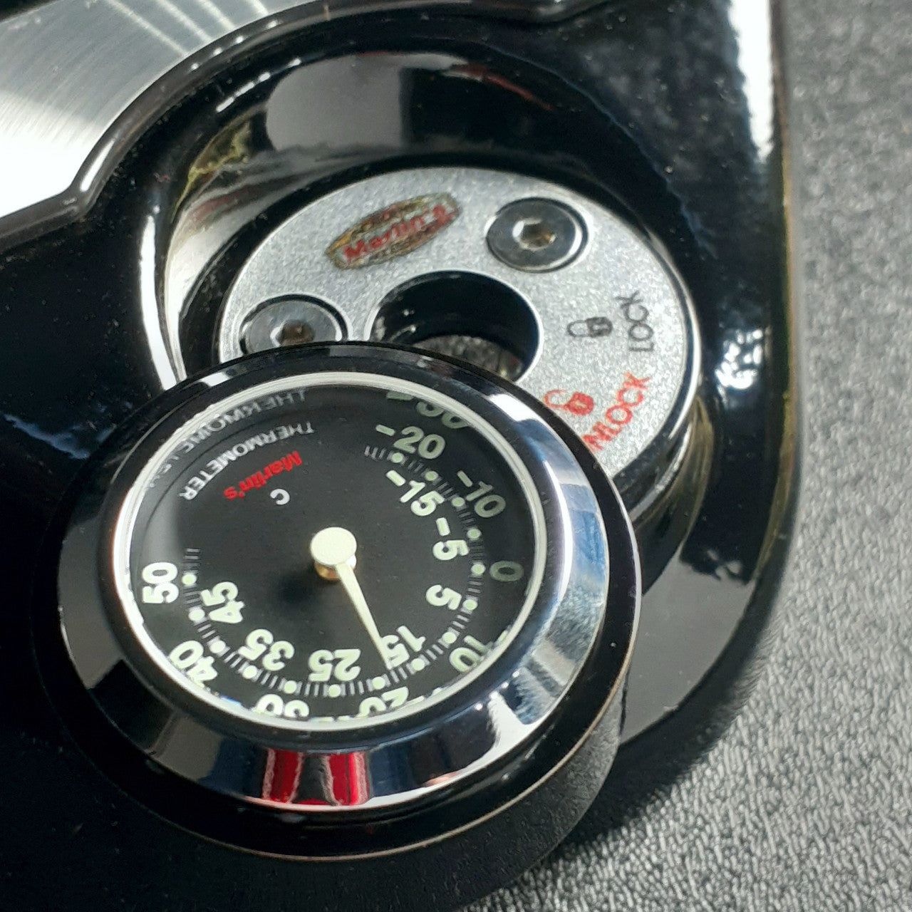 Marlin's Chrome or Black Swivel Fork Lock Key Cover for Harley Davidson Road King FLHR Motorcycle with Clock or Thermometer
