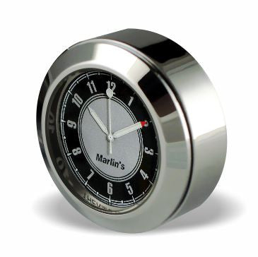 Marlin's Chrome Motorcycle Clock TOCS Multi-Purpose Tape / Screw On with CLASSIC Black and Silver Clock - Fits Road King Tank or Flat Panel & More