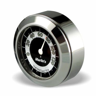 Marlin's Chrome Motorcycle Thermometer TOCS Multi-Purpose Tape / Screw On with RETRO Black and White Thermometer (Fahrenheit Scale) - Fits Road King Tank and Flat Panel & More
