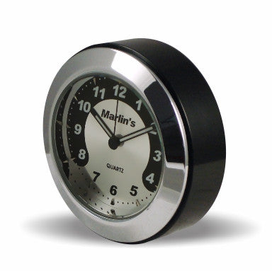 Marlin's Black Motorcycle Clock CHAMP Mount (Control Housing with Adjustable Mounting Position) with Black and Silver Horseshoe Clock Face