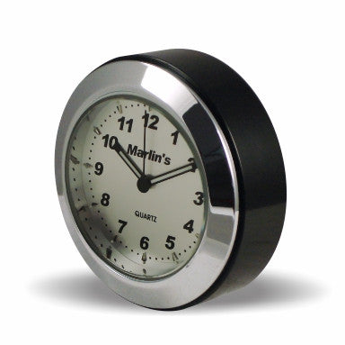 Marlin's Black Motorcycle Clock TOCS Multi-Purpose Tape / Screw On with Brushed Aluminum Clock - Fits Road King Tank and Flat Panel & More