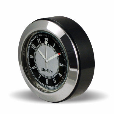 Marlin's Black Motorcycle Clock CHAMP Mount (Control Housing with Adjustable Mounting Position) with CLASSIC Black and Silver Clock Face