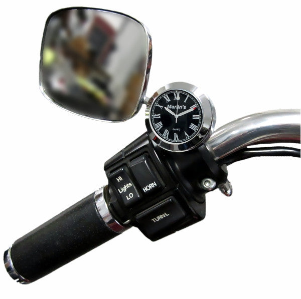 Marlin's Black Motorcycle Clock CHAMP Mount (Control Housing with Adjustable Mounting Position) with Limited Edition Black Roman Numeral Face