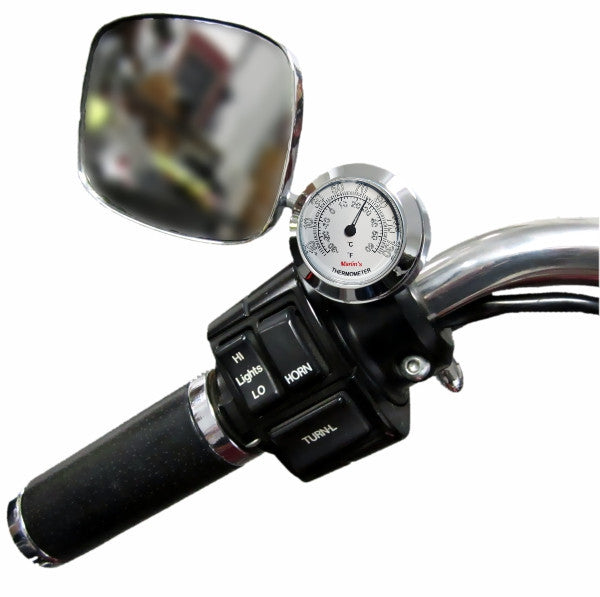 Marlin's Black Motorcycle Thermometer CHAMP Mount (Control Housing with Adjustable Mounting Position) with Radiant White Thermometer (Fahrenheit /Small Celsius Scale) Face