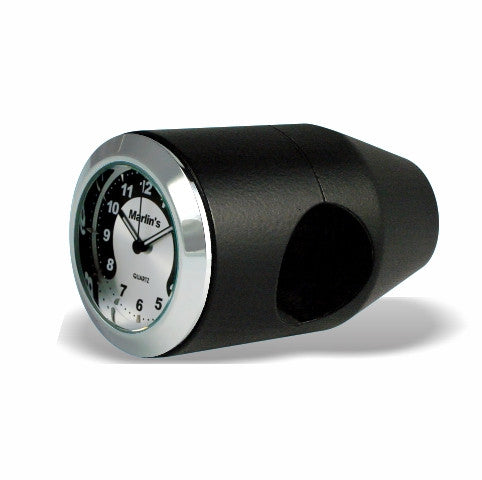 Marlin's Black Motorcycle Clock Bullet Billet Style Handlebar Mount with Black and Silver Horseshoe Face