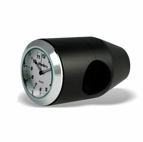 Marlin's Black Motorcycle Clock Bullet Billet Style Handlebar Mount with Brushed Aluminum Face