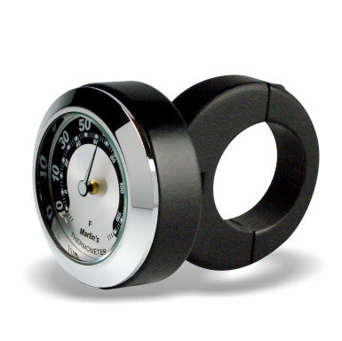 Marlin's Black Motorcycle Thermometer Classic Adjustable Ring Style Handlebar Mount with Black and Silver Horseshoe (Fahrenheit Scale) Face