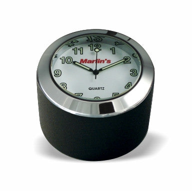 Marlin's Black Motorcycle Clock FSBC1 Billet Fork Stem Mount Fits Pre 2010 Sportsters® - Pre ‘06 Dynas® - Fits Springers with Added Adapter - Fits Metric & Customs with Added Adapter with Radiant White Clock Face
