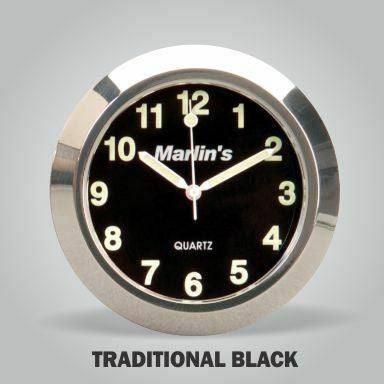 Marlin's Gloss Black Motorcycle Clock for Harley Davidson Road King Swivel Fork Lock Key Cover with Limited Edition Black Roman Numeral Face