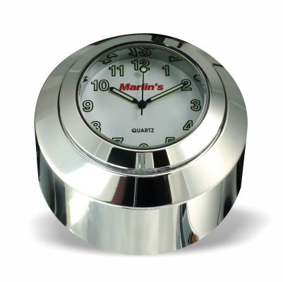 Marlin's Chrome Motorcycle Clock FSBC2 Large Billet Fork Stem Mount Fits Softails® (Does Not Fit Springers®),  ‘06 - Current and Dynas®,  Wide Glides®, FXDWG® most VRSC™ with Radiant White Clock Face